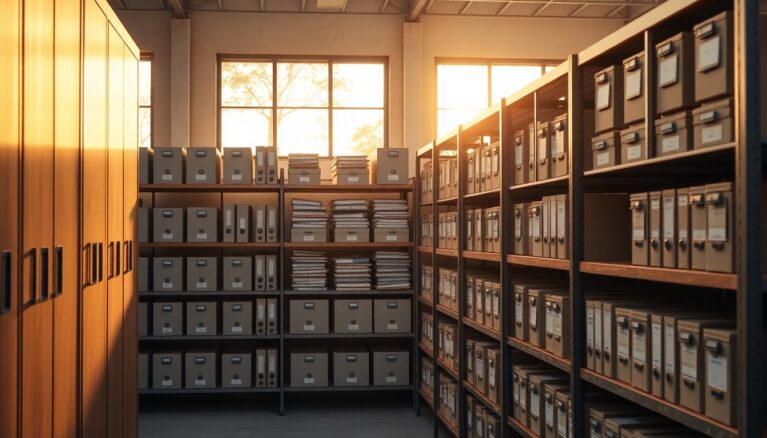 Archivmoebel sind speziell fuer die Lagerung und Organisation von Dokumenten und Akten konzipiert [Bildinhalt mit KI erstellt]