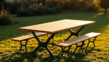 Biergarnitur besteht typischerweise aus einem Tisch und zwei Baenken