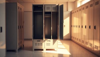 Ein Spind ist ein schmaler hoher Schrank