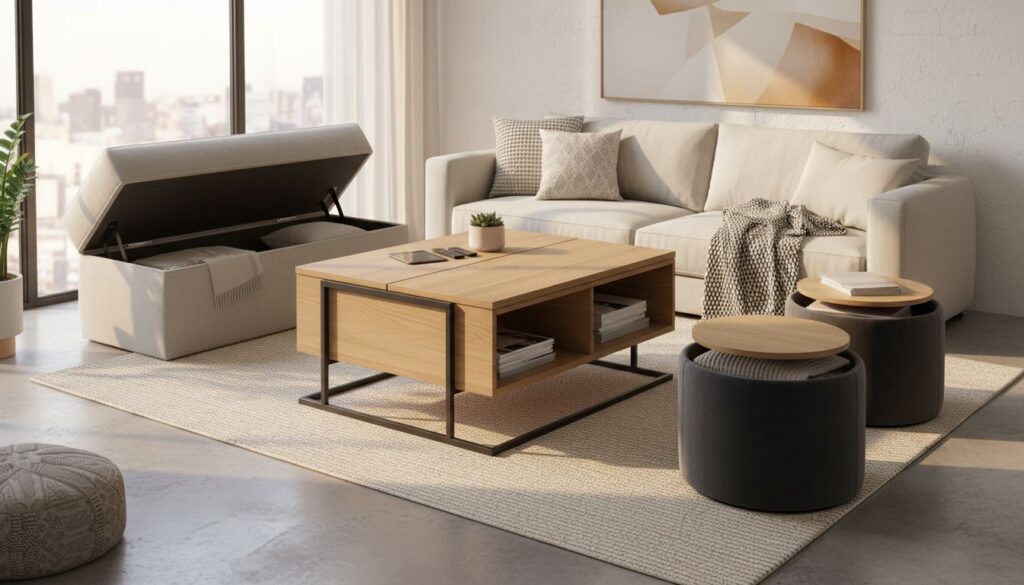 Stauraum in Couchtisch Hocker Bank