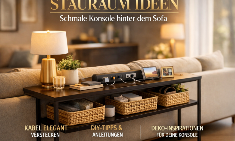 Schmale Konsole hinter dem Sofa