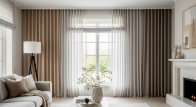 Moderne Gardinen Ideen: Wohnzimmer stilvoll gestalten [Bildinhalt mit KI erstellt]