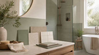 Badezimmer-Farben mit Material- und Farbmuster auswählen [Bildinhalt mit KI erstellt]