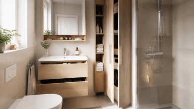 Badezimmermöbel mit Schubladen und schmalem Hochschrank [Bildinhalt mit KI erstellt]