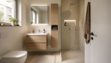 Platzsparende Badmöbel in einem kleinen Badezimmer [Bildinhalt mit KI erstellt]