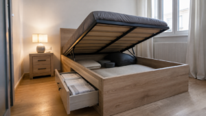 Bett mit Stauraum – smarte Lösung für kleine Schlafzimmer [Bildinhalt mit KI erstellt]