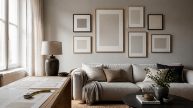 Bilderwand im Wohnzimmer harmonisch gestalten [Bildinhalt mit KI erstellt]