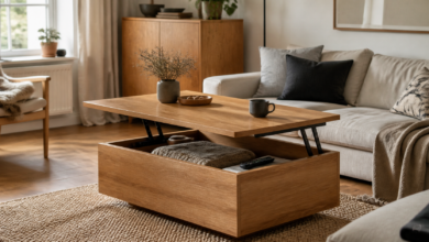 Geöffneter Couchtisch mit Stauraum im gemütlichen Wohnzimmer [Bildinhalt mit KI erstellt]