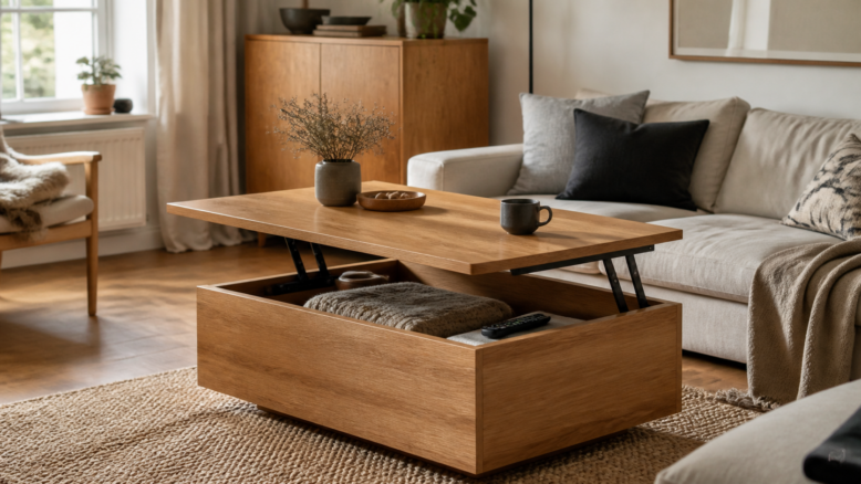 Geöffneter Couchtisch mit Stauraum im gemütlichen Wohnzimmer [Bildinhalt mit KI erstellt]