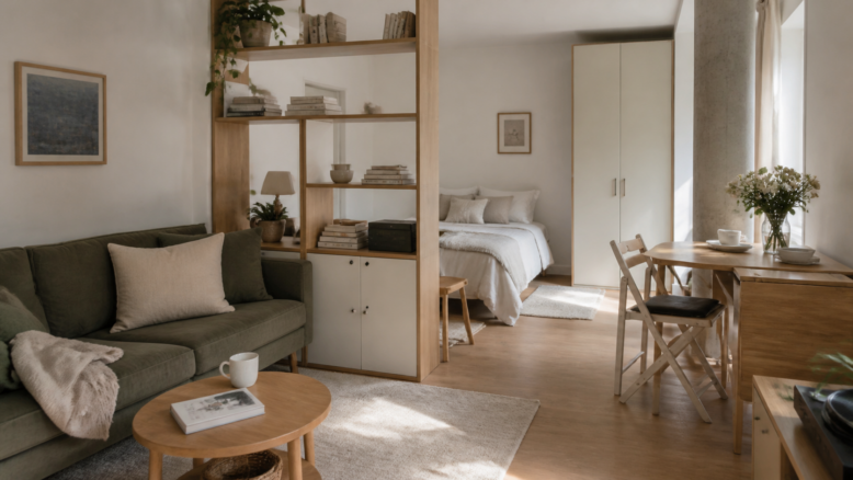 Einzimmerwohnung mit klar getrennten Wohn- und Schlafbereichen [Bildinhalt mit KI erstellt]