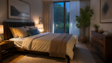 Ruhiges Schlafzimmer mit ausgewogener Bettposition und blendfreiem Licht [Bildinhalt mit KI erstellt]