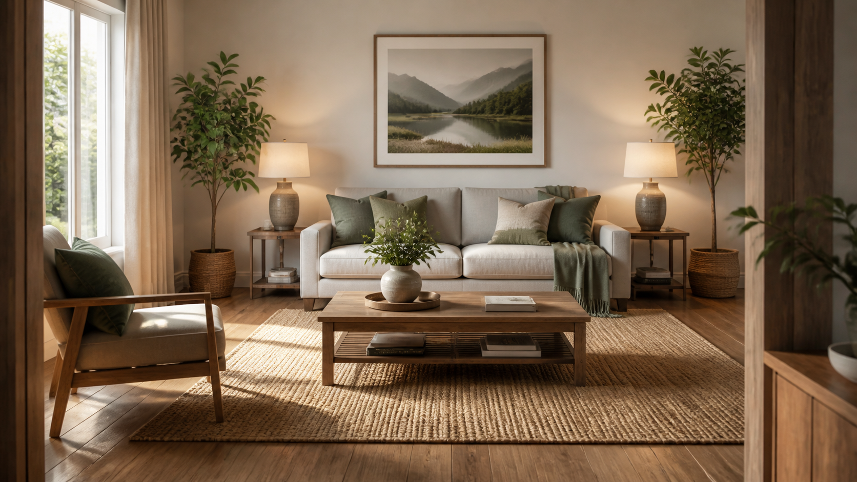 Feng-Shui-Wohnzimmer mit klaren Laufwegen und ruhiger Möblierung [Bildinhalt mit KI erstellt]
