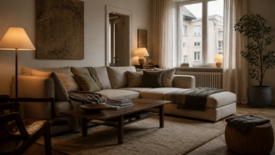 Gemütliches Wohnzimmer mit warmem Licht und natürlichen Materialien [Bildinhalt mit KI erstellt]