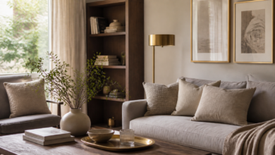 Wohnzimmer mit dezenten goldenen Deko-Akzenten [Bildinhalt mit KI erstellt]