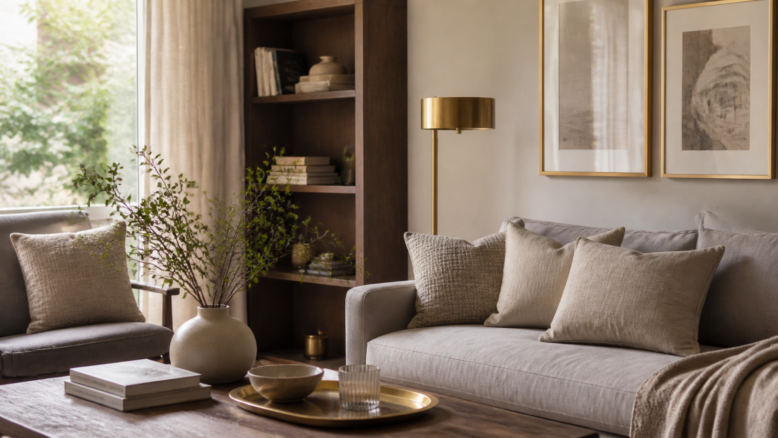 Wohnzimmer mit dezenten goldenen Deko-Akzenten [Bildinhalt mit KI erstellt]