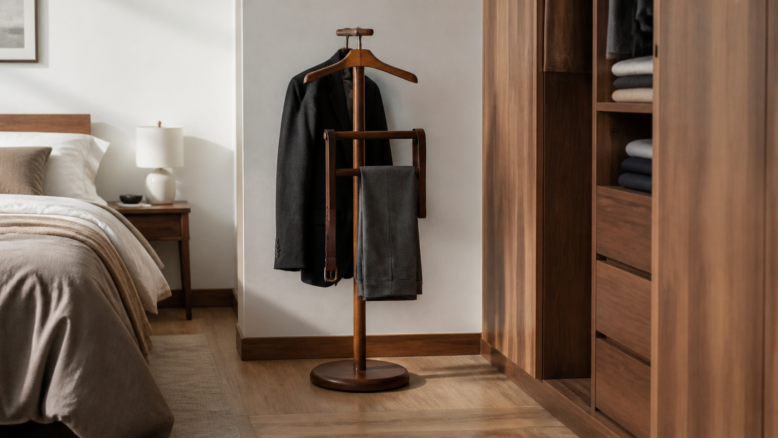 Stabiler Herrendiener aus Holz mit Jacke und Hose im Schlafzimmer [Bildinhalt mit KI erstellt]