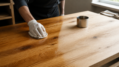Holz mit Leinöl behandeln auf einer Eichenholzplatte [Bildinhalt mit KI erstellt]