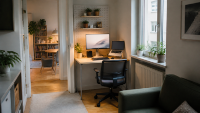Kleines Homeoffice mit Monitor, externer Tastatur und freiem Laufweg [Bildinhalt mit KI erstellt]