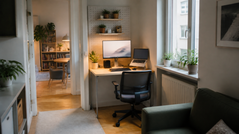 Kleines Homeoffice mit Monitor, externer Tastatur und freiem Laufweg [Bildinhalt mit KI erstellt]