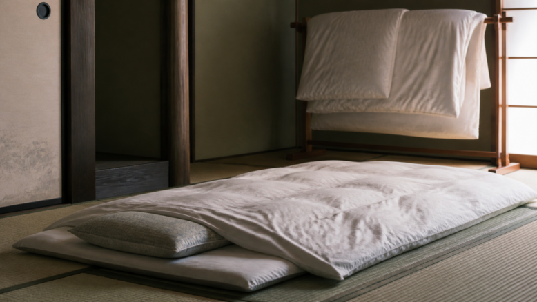 Dünner Shikibuton auf Tatami mit gelüftetem Futon im Hintergrund [Bildinhalt mit KI erstellt]