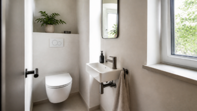 Kleines Gäste-WC mit Fenster und hellem Tageslicht [Bildinhalt mit KI erstellt]