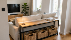 Stauraum Ideen: Schmale Konsole hinter dem Sofa [Bildinhalt mit KI erstellt]