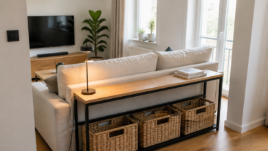 Schmale Konsole hinter dem Sofa mit Stauraum und Lampe [Bildinhalt mit KI erstellt]