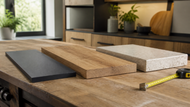 Drei Küchenarbeitsplatten mit unterschiedlicher Stärke aus Kompaktlaminat, Holz und Stein [Bildinhalt mit KI erstellt]