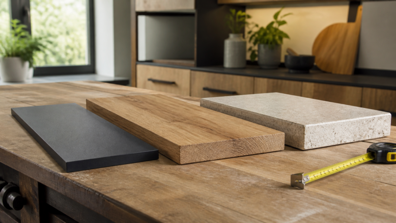 Drei Küchenarbeitsplatten mit unterschiedlicher Stärke aus Kompaktlaminat, Holz und Stein [Bildinhalt mit KI erstellt]
