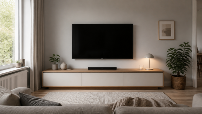 Fernseher über niedrigem Lowboard in passender Sitzhöhe [Bildinhalt mit KI erstellt]