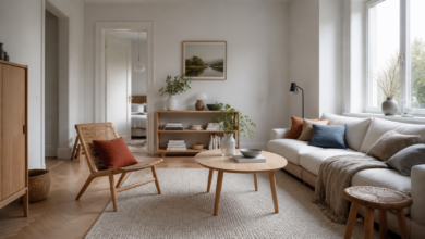 Scandi-Style-Wohnzimmer mit hellem Holz und natürlichen Textilien [Bildinhalt mit KI erstellt]