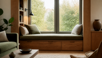 Sitzfenster mit Stauraum und gemütlichem Leselicht [Bildinhalt mit KI erstellt]