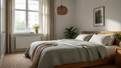 Helles skandinavisches Schlafzimmer mit Holzbett, Leinentextilien und geschlossener Aufbewahrung [Bildinhalt mit KI erstellt]