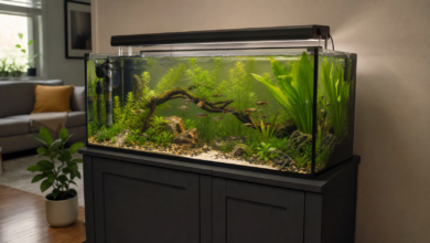 Bepflanztes Süßwasser-Aquarium auf stabilem Unterschrank mit kleinen Schwarmfischen [Bildinhalt mit KI erstellt]