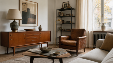 Wohnzimmer mit restauriertem Vintage-Sideboard und Ledersessel [Bildinhalt mit KI erstellt]
