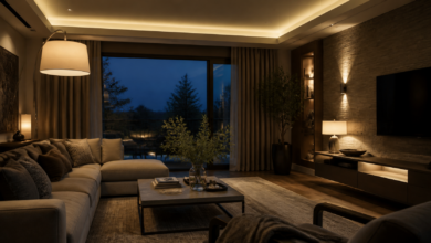 Wohnzimmer-Beleuchtung mit mehreren warmen Lichtquellen [Bildinhalt mit KI erstellt]