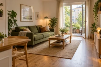 Kompaktes Sofa im Wohnzimmer mit freiem Weg zur Balkontür [Bildinhalt mit KI erstellt]