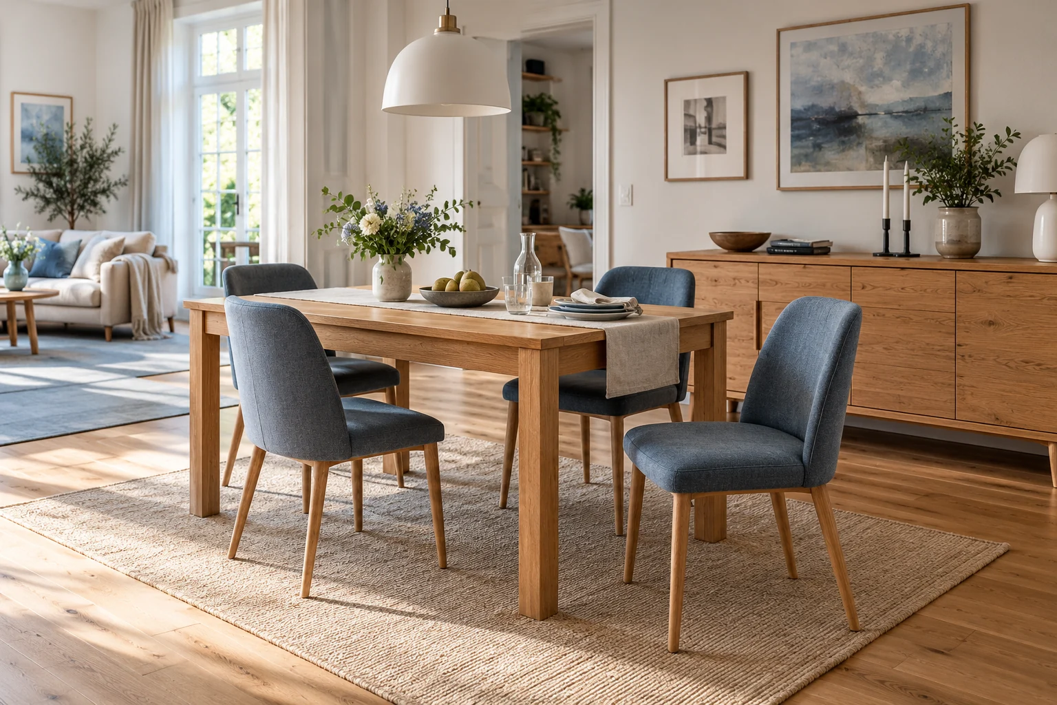 Essplatz mit zurückgezogenem Stuhl und freier Bewegungsfläche zum Sideboard [Bildinhalt mit KI erstellt]