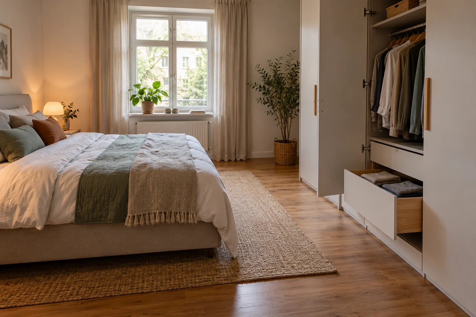 Geöffnete Schranktür und Schublade gegenüber einem Bett zeigen die benötigte Bedienfläche [Bildinhalt mit KI erstellt]
