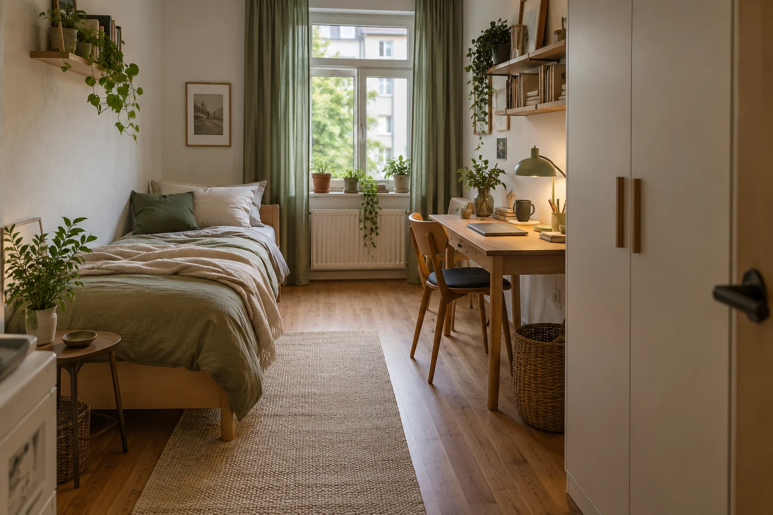 Kompaktes Zimmer mit Bett, Schreibtisch, Kleiderschrank und freier Mitte [Bildinhalt mit KI erstellt]