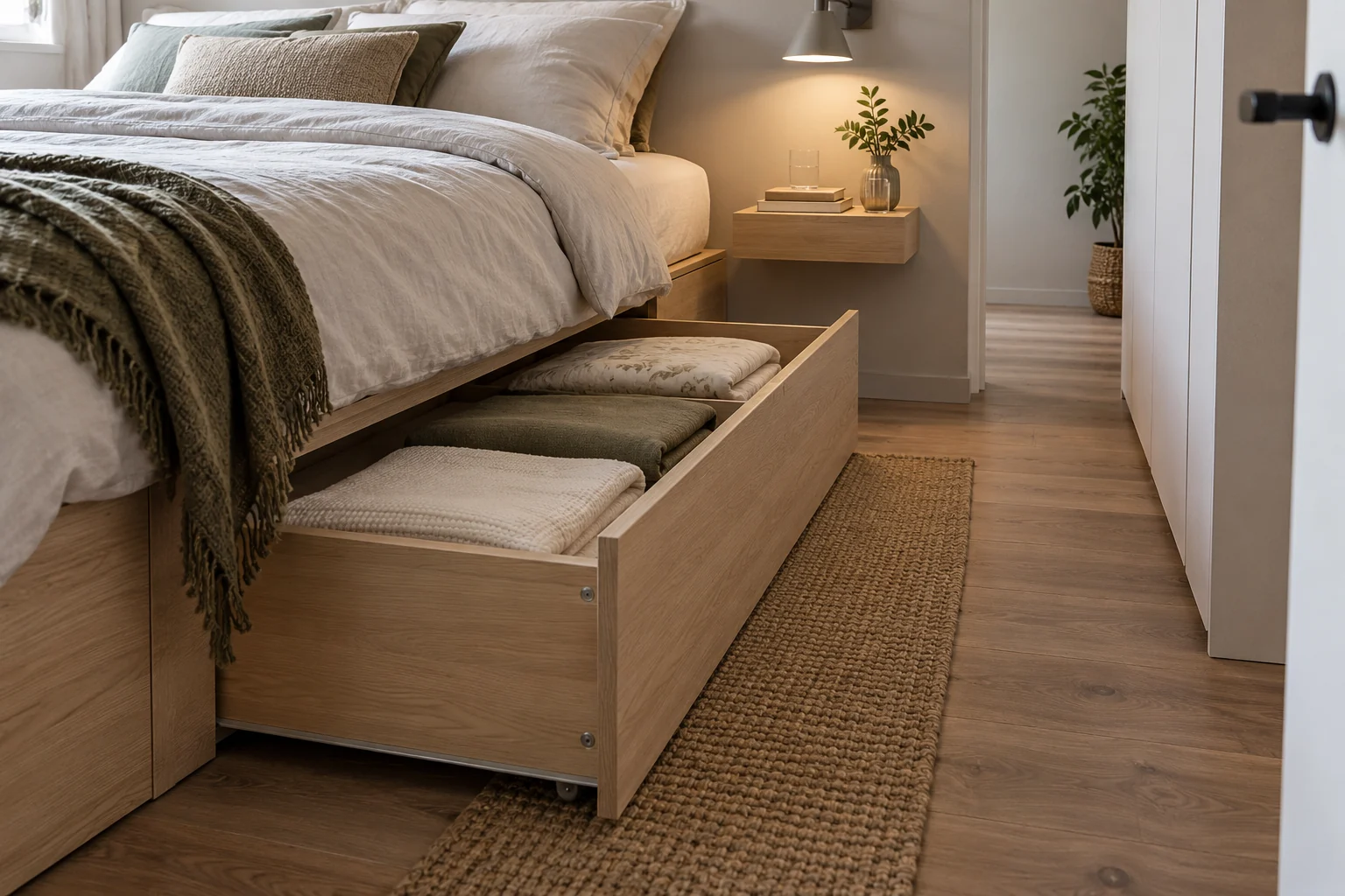 Geöffnete Schublade unter einem Bett mit freiem Zugriff auf die Bettwäsche [Bildinhalt mit KI erstellt]